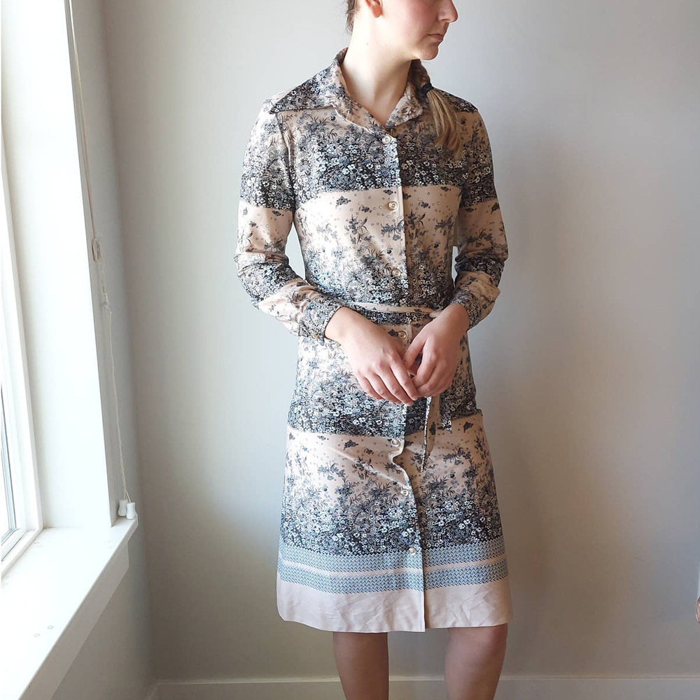 Vintage 1970s Shirt Dress Midi Neutral Floral Color Block
